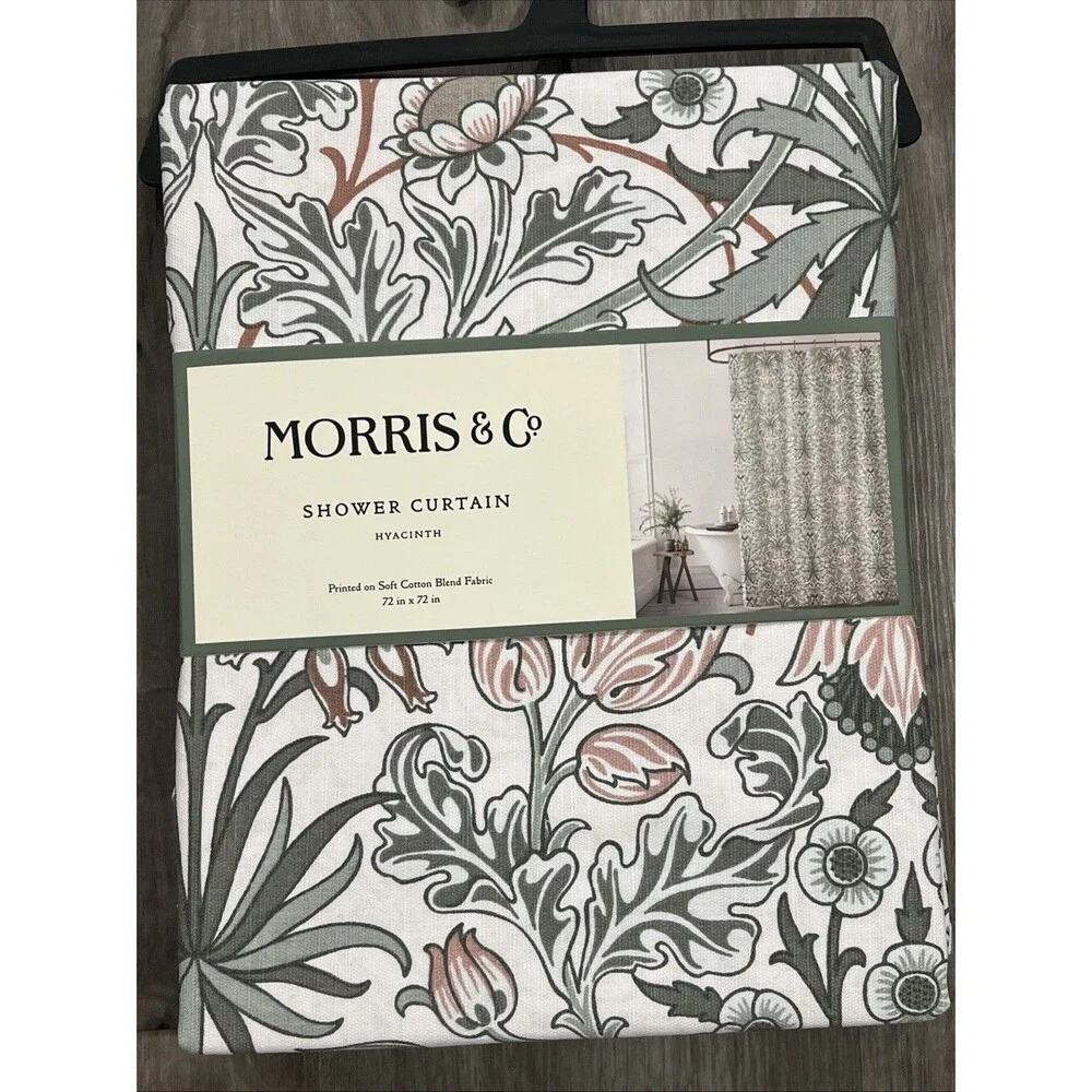 Morris & Co Hyacinth Green Floral Cotton Blend Fabric Shower Curtain 72 X 72 New